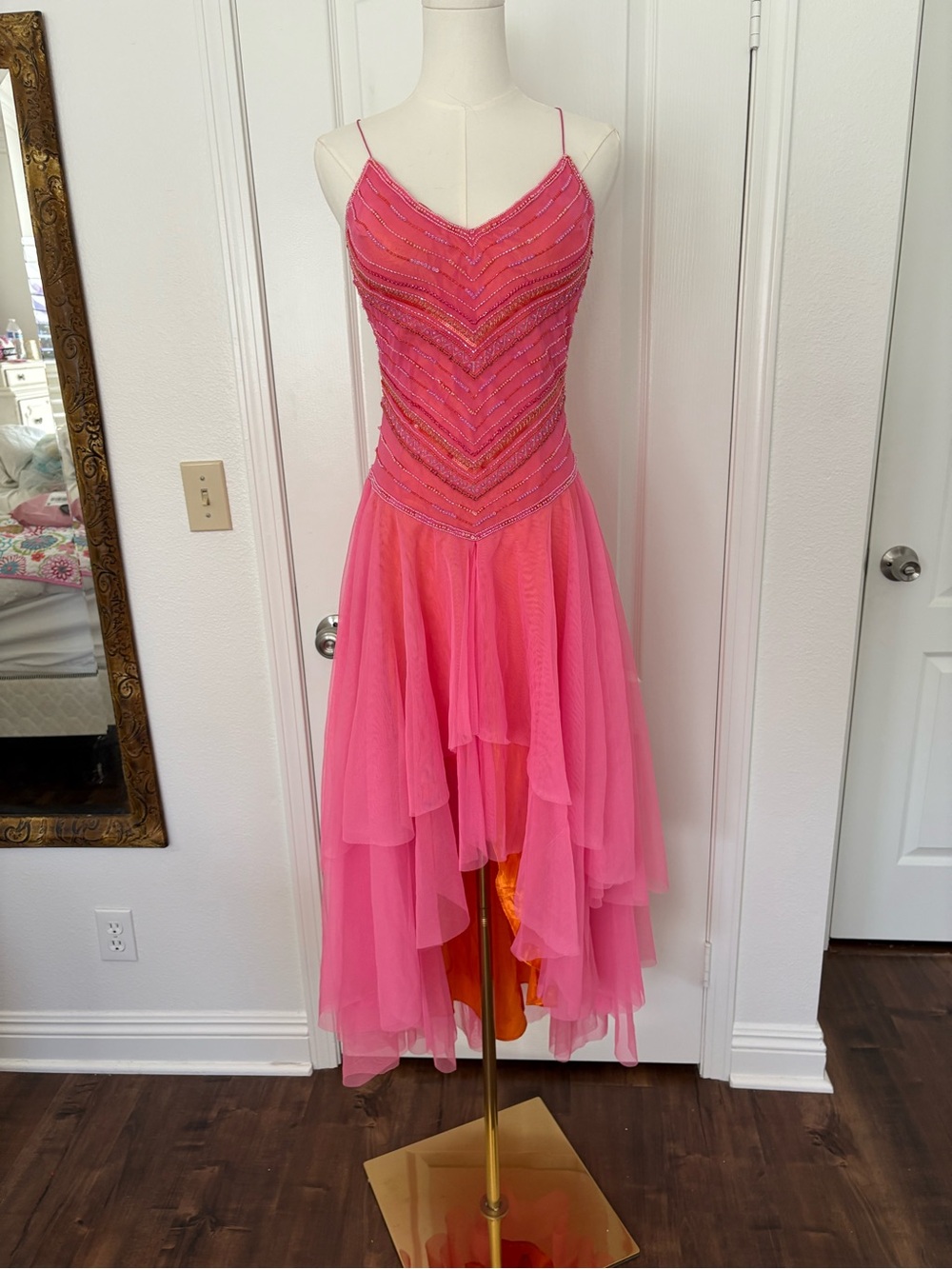 Y2K Zara Larsson Scala high low orange and pink beaded dress